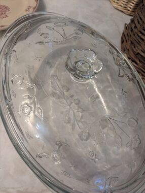 Vintage Clear Floral Pressed Glass Covered Dish with Rose Knob